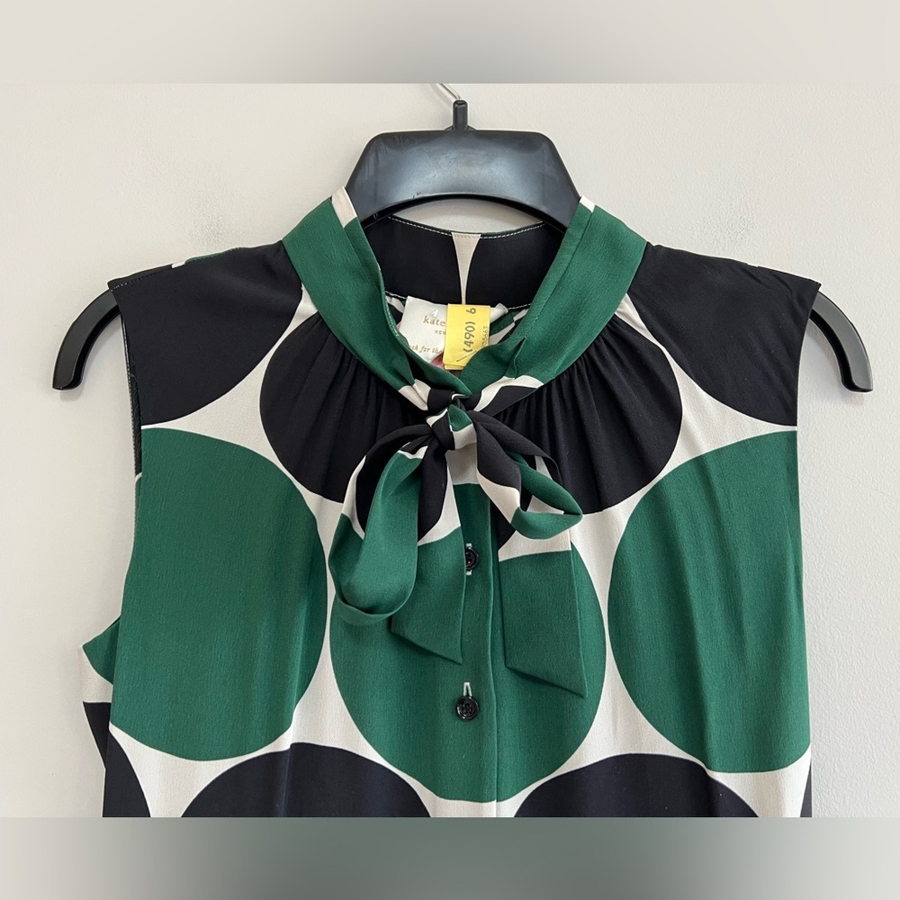 Kate Spade Willa Silk Sleeveless Tie Neck Dot Dress in Green and Black, size 0 - Picture 5 of 12